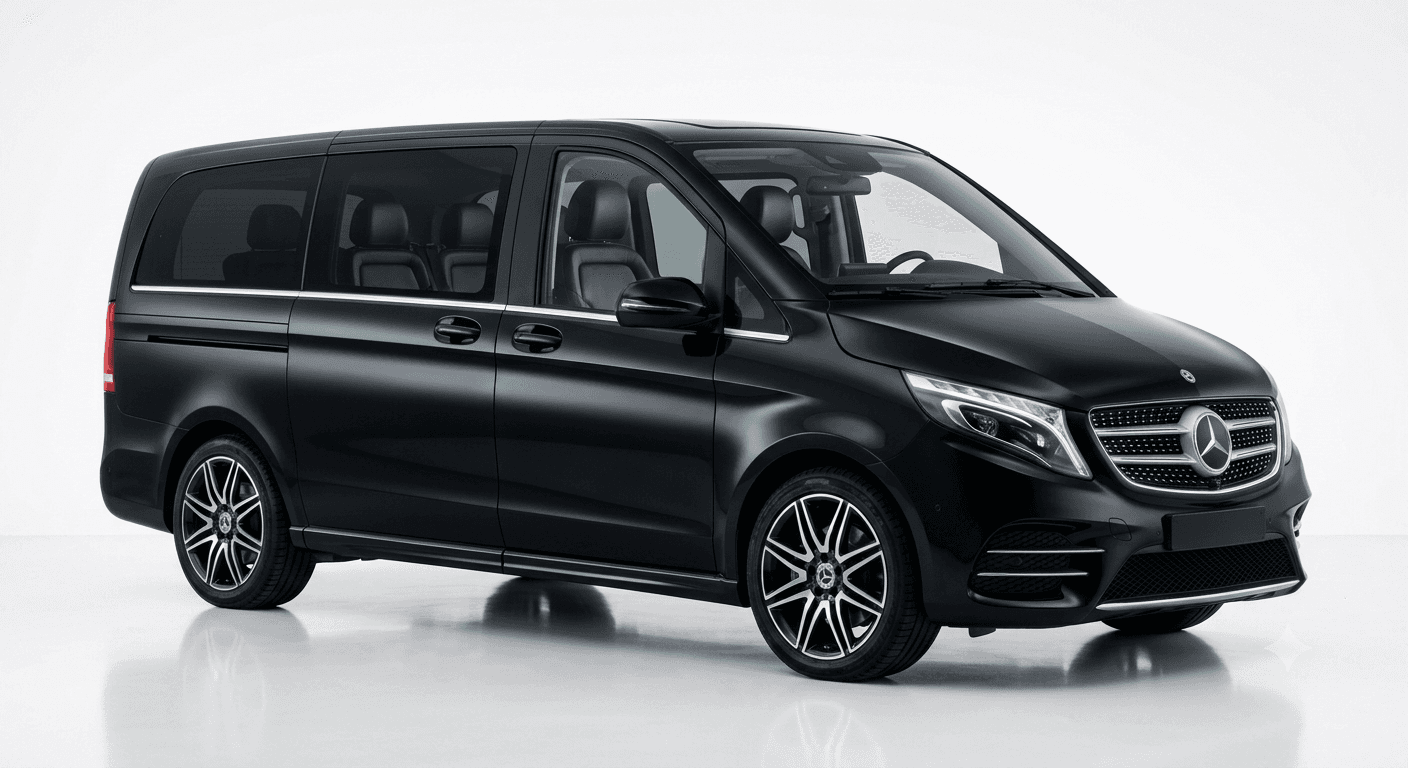 Black Mercedes-Benz V-Class premium van, studio shot