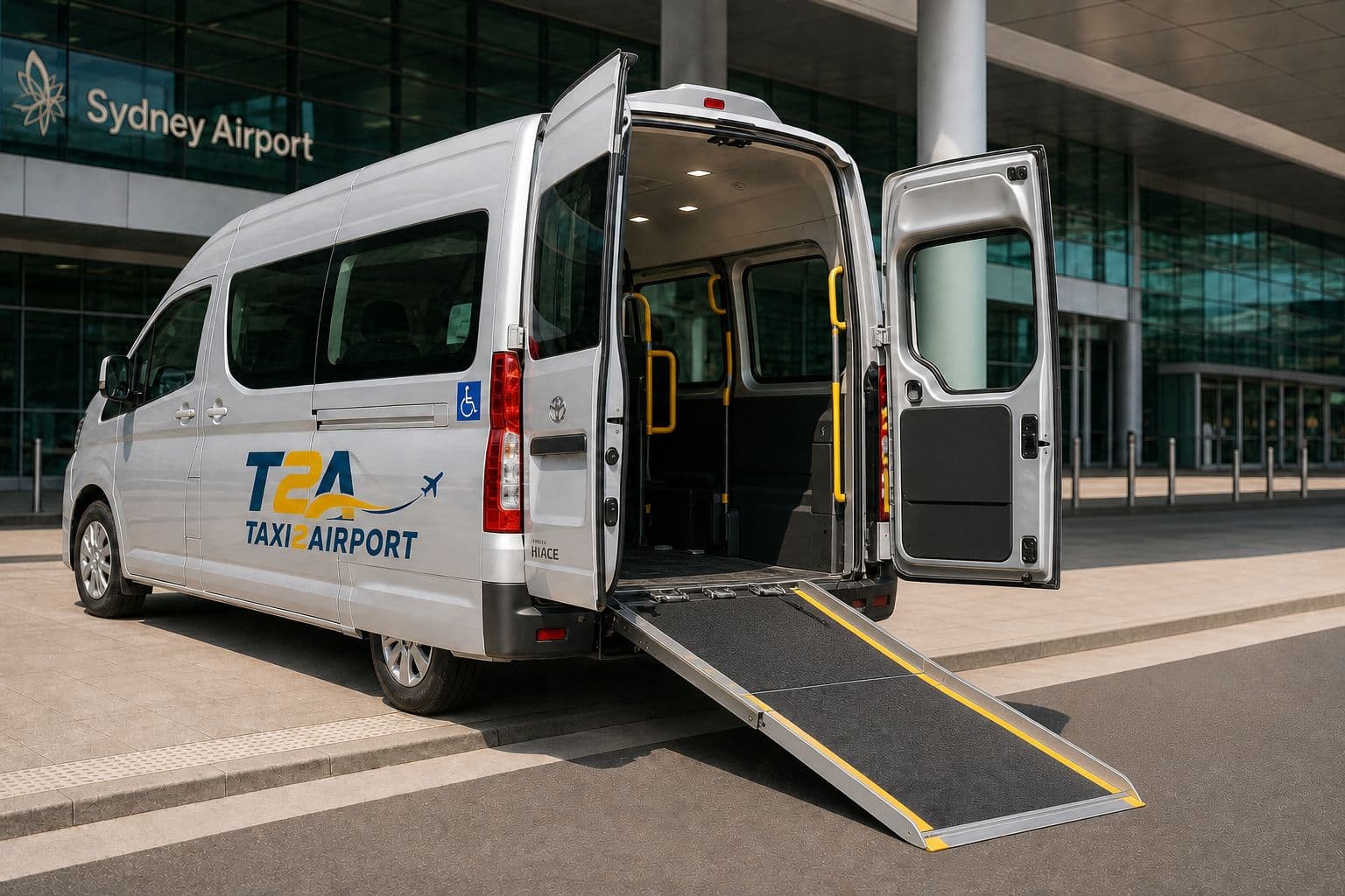 Taxi2Airport Toyota HiAce with rear wheelchair access ramp deployed