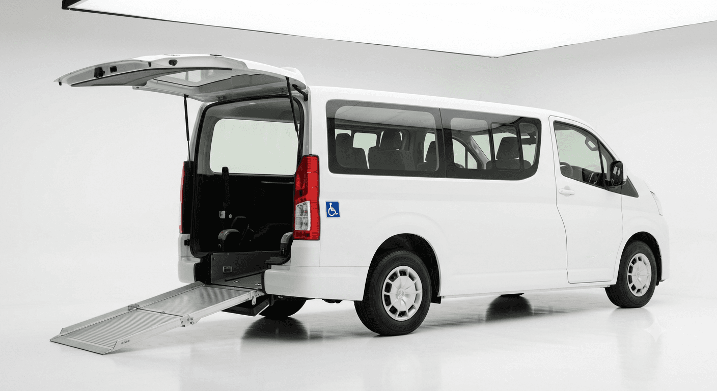 White Toyota HiAce with rear wheelchair access ramp deployed, studio shot